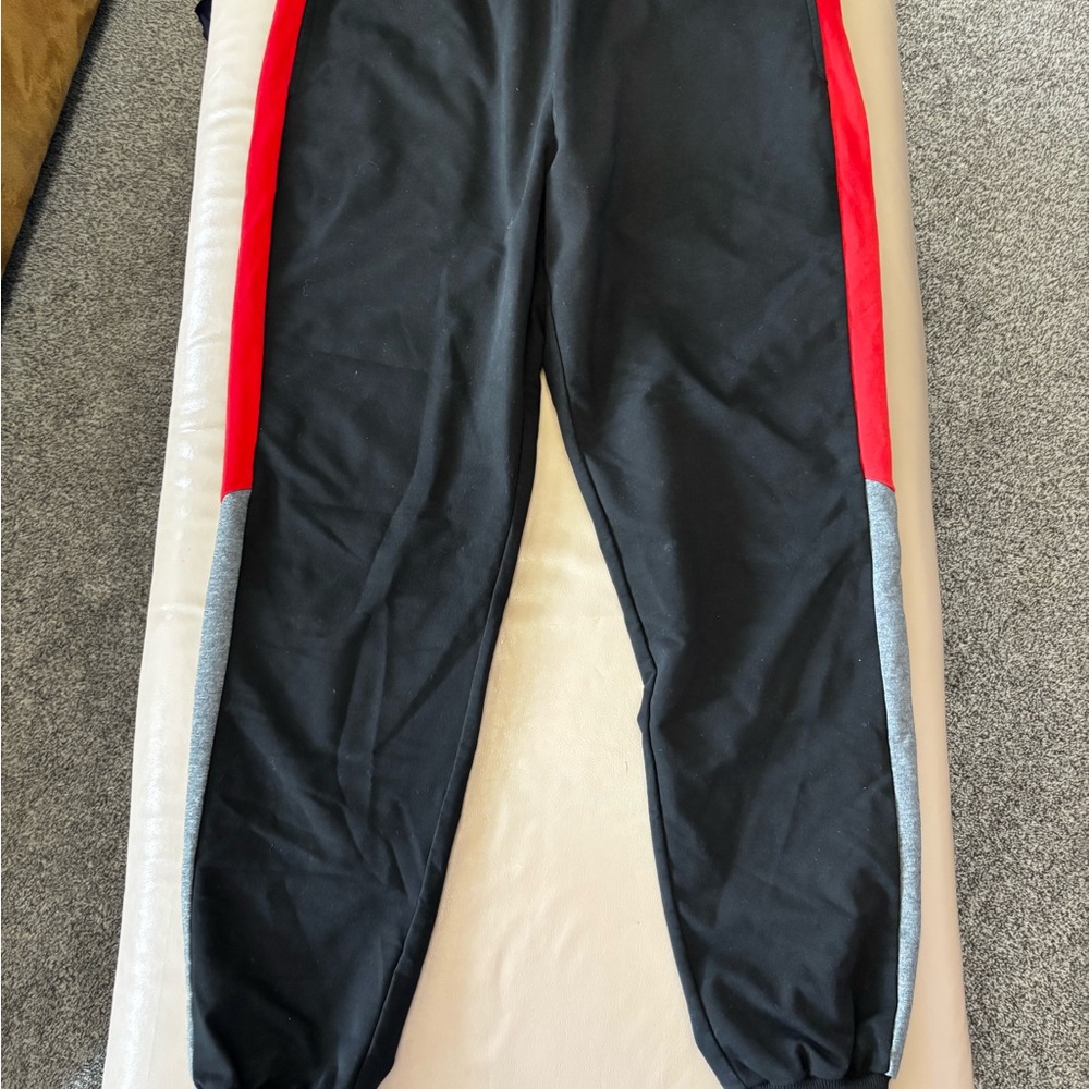 Black Joggers with Red and Gray Stripes